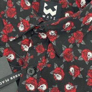 WXYZ MFG CO Shirt Men's M Button-Up Black Red Roses Skulls Gothic NWT